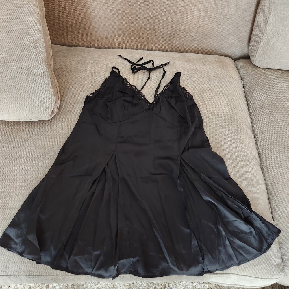 Adore Me Jet Black Satin Lace Trim Chemise Nightgown Large JYO-SL-12827-SLP